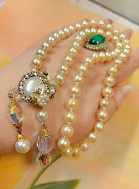 【BW中古】琉璃珍珠毛衣链，扣头也是吊坠，镶嵌了小珍珠碎钻水晶