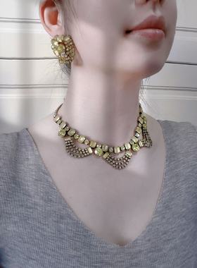 【BW中古】中古Weiss无标黄色莱茵石瀑布套装，项链和耳夹，超美