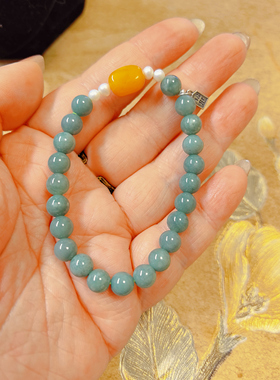 【BW宝石】7mm天然翡翠A货蓝水蜜蜡手串，s925银招财