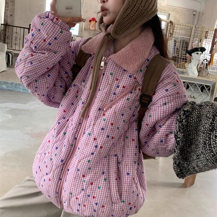 粉色翻领羊羔绒短款棉服外套女2024秋冬季美式保暖碎花面包服棉衣