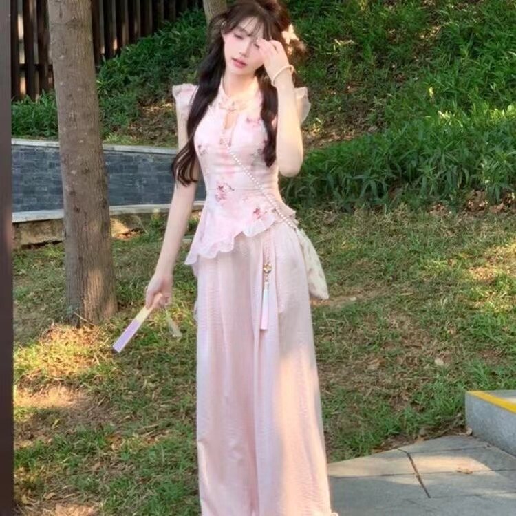 纯欲风辣妹套装女2025夏季韩版气质设计感盘扣短袖上衣高腰阔腿裤