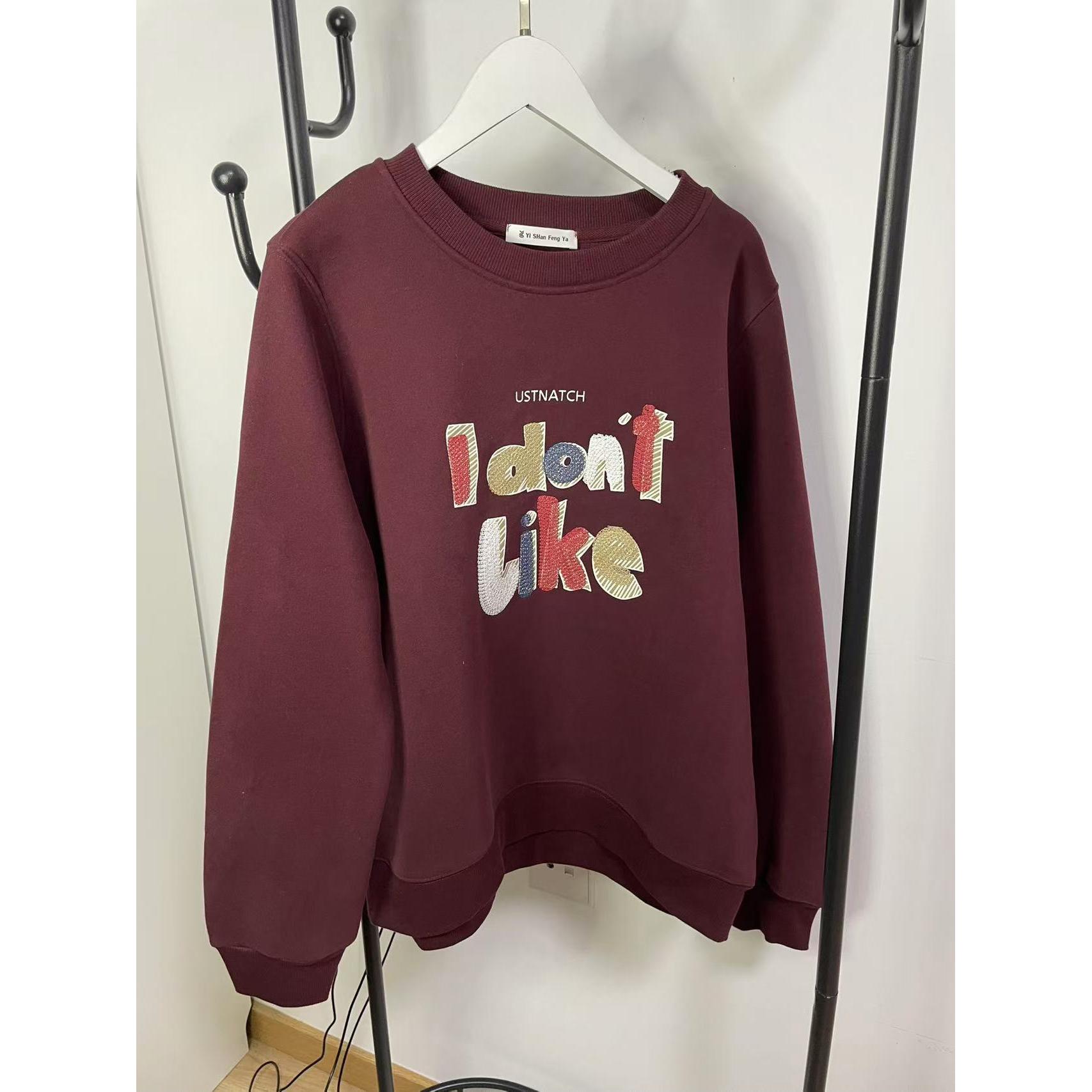 加厚加绒刺绣字母安可拉红圆领卫衣女款上衣