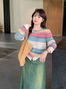 大码女装圆领条纹长袖上衣秋冬胖mm宽松显瘦针织开衫外套20686