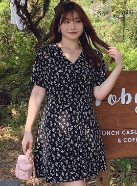 时髦洋气减龄小清新裙子法式收腰碎花V领显瘦减龄短袖连衣裙31411