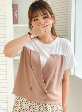 微胖大码女装拼接假两件短款上衣春夏胖mm遮肉显瘦休闲T恤31493