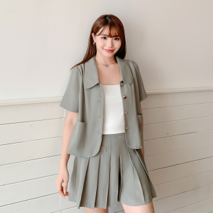 女装 休闲套装 胖mm甜美减龄短款 外套高腰百褶裙裤 女31792 西装 大码