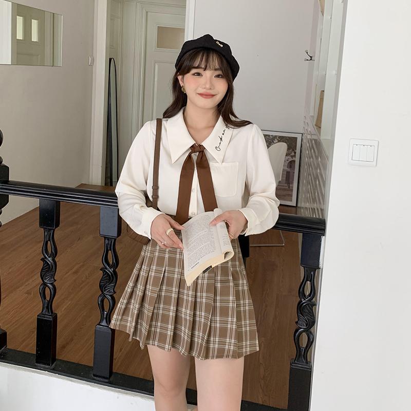 大码女装胖mm系带长袖衬衫