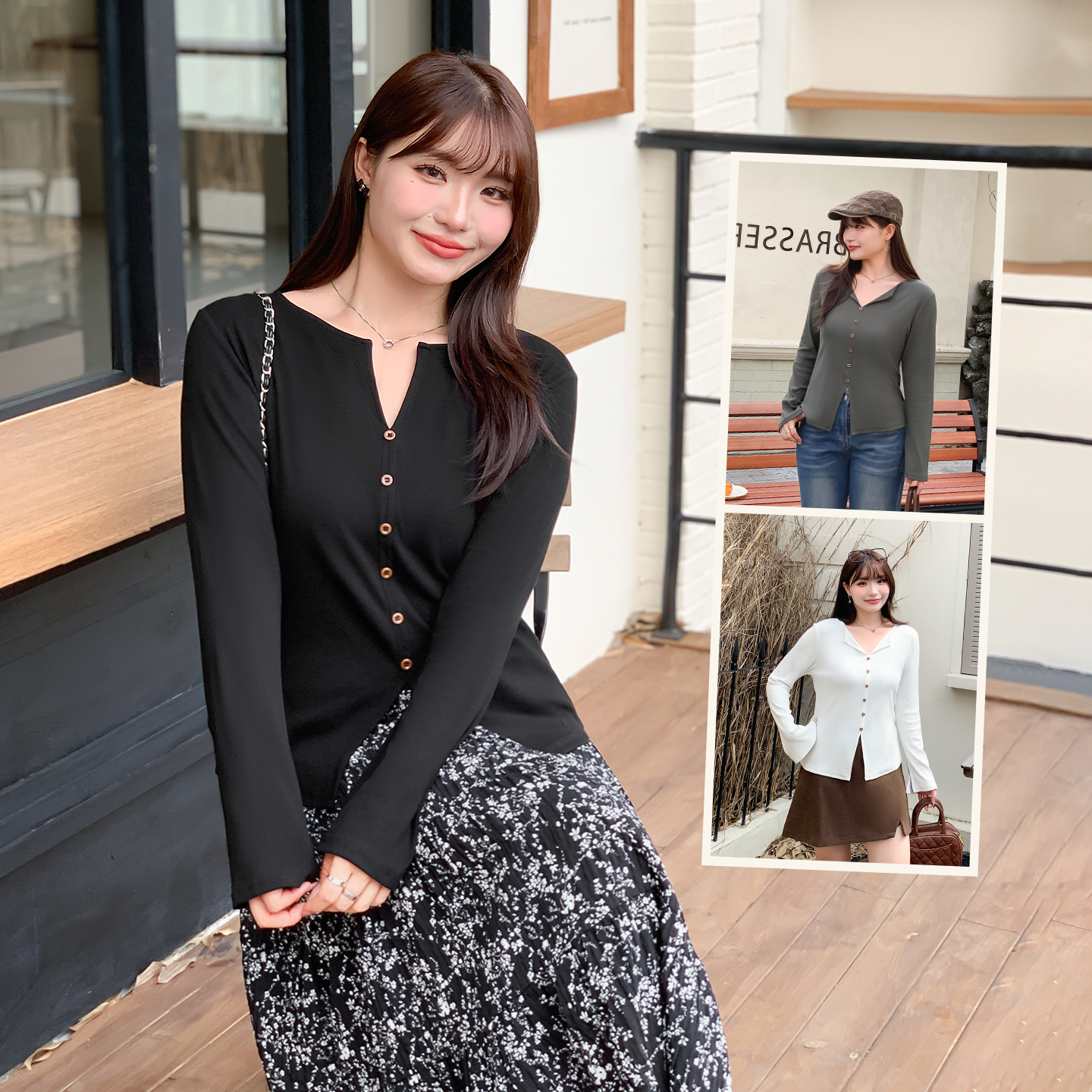 大码女装韩系慵懒松弛感V领T恤衫