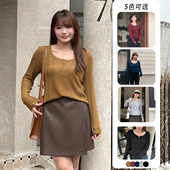 女装 胖mm半开领修身 长袖 大码 打底T恤大U领百搭针织衫 上衣女32112