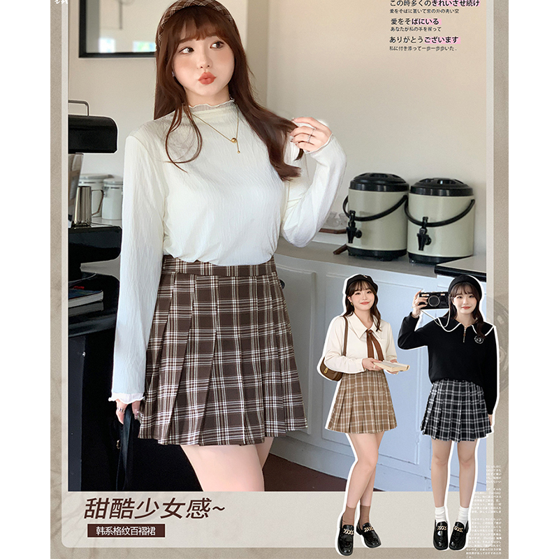 大码女装高腰显瘦格子半身裙