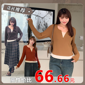 微胖mm撞色V领假两件打底针织衫秋冬新款设计感修身长袖T恤32143