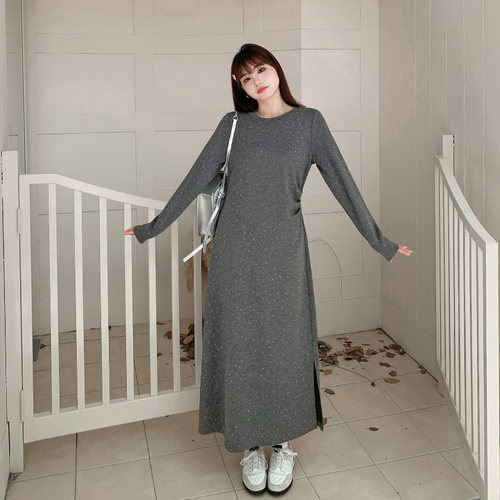 胖mm气质开叉烫钻收褶高腰连衣裙