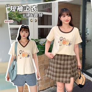 微胖mm设计感趣味撞色卡通百搭印花T恤大码女装宽松短袖上衣32090
