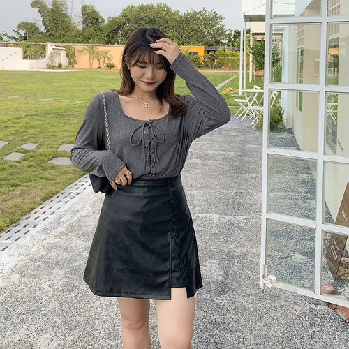 200斤大码女装胖mm秋冬方领系带显瘦长袖针织打底衫上衣女31305