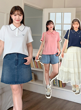 大码女装200斤胖mm春夏polo领短袖T恤女宽松显瘦百搭上衣32187