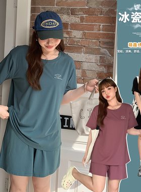 大码女装200斤胖mm春夏短袖短裤套装宽松显瘦百搭两件套女32042