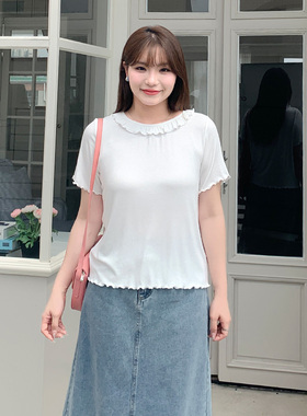 大码女装200斤胖mm正肩木耳边短袖T恤女宽松显瘦减龄上衣女32189