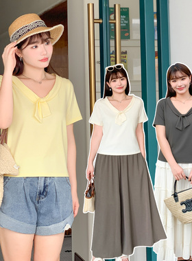 大码女装胖mm绑带短袖T恤宽松显瘦遮肉减龄甜美百搭V领上衣32251