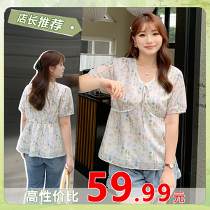 胖mm法式雪纺碎花高级感衬衫大码女装夏季新款甜美短袖小衫31843