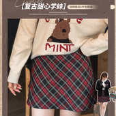 复古红色格纹半身裙秋冬大码 女装 胖mm高腰显瘦A字包臀短裙31903