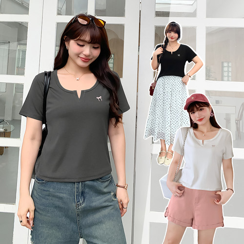微胖mm蝴蝶结刺绣V领正肩短袖T恤