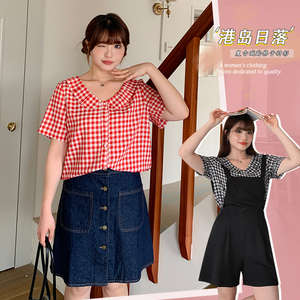 微胖mm娃娃领减龄格子短袖衬衫女夏季新款港风复古洋气上衣32089