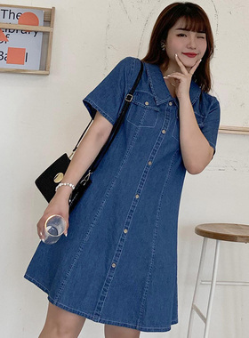 大码女装200斤胖mm春夏翻领撞色长裙显瘦遮肉藏肚牛仔连衣裙90340