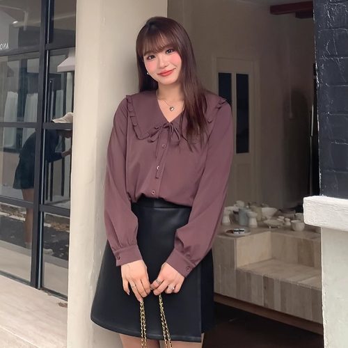 胖mm韩版减龄系带娃娃领长袖衬衫