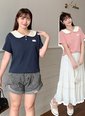 大码女装胖mm撞色拼接短袖T恤宽松显瘦遮肉减龄百搭POLO上衣32247