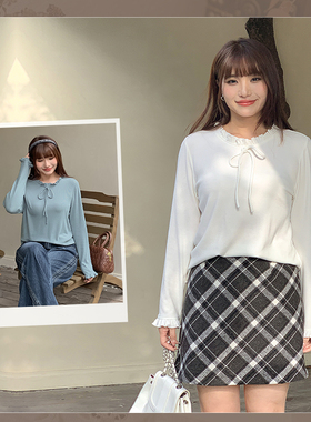 秋冬大码女装胖mm长袖上衣宽松显瘦减龄木耳边立领打底T恤衫32167