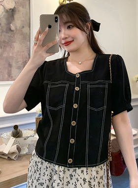 大码女装春夏200斤胖MM复古赫本风衬衫法式方领泡泡袖上衣31681