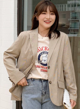 秋冬大码女装200斤胖mm韩版宽松显瘦chic格子长袖西装外套31247