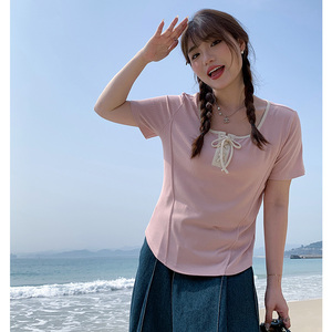 胖mm夏季新款纯欲风甜美正肩t恤女大码女装U领绑带显瘦上衣20510