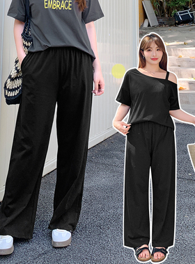 大码女装200斤胖mm早秋高腰休闲裤显瘦宽松阔腿裤百搭长裤子32219