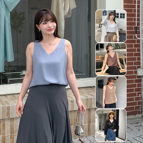 胖mm双层宽肩V领雪纺背心