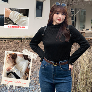 修身 秋冬200斤胖mm半高领加绒蕾丝打底衫 显瘦上衣女31863 女装 大码