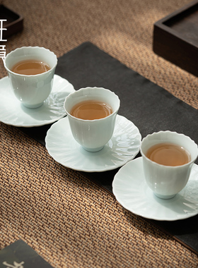 班意白瓷品茗杯影青花瓣杯功夫茶具杯子主人杯杯垫套装小茶杯茶盏
