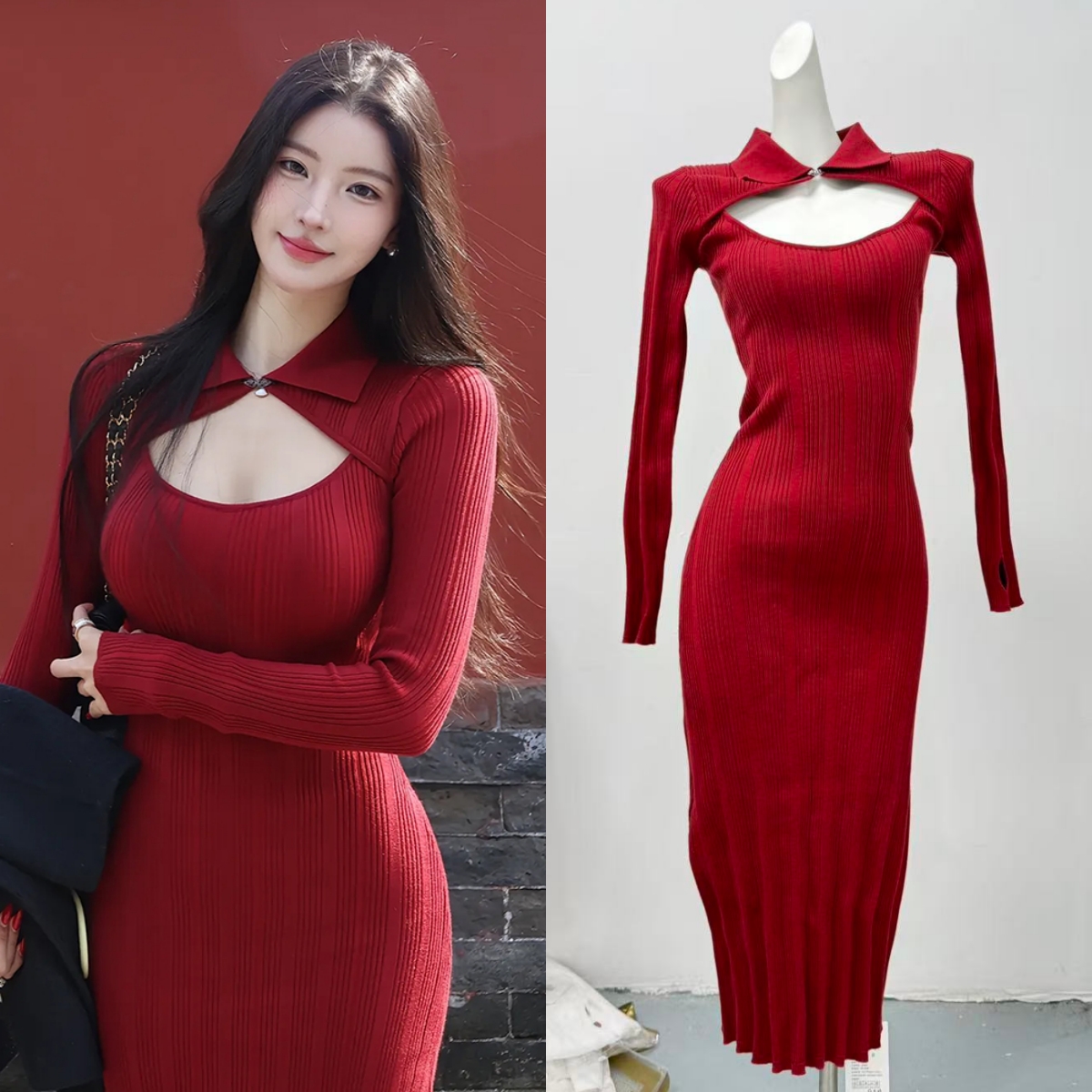 法式气质红色镂空针织连衣裙子女秋冬季2025新款修身收腰包臀长裙