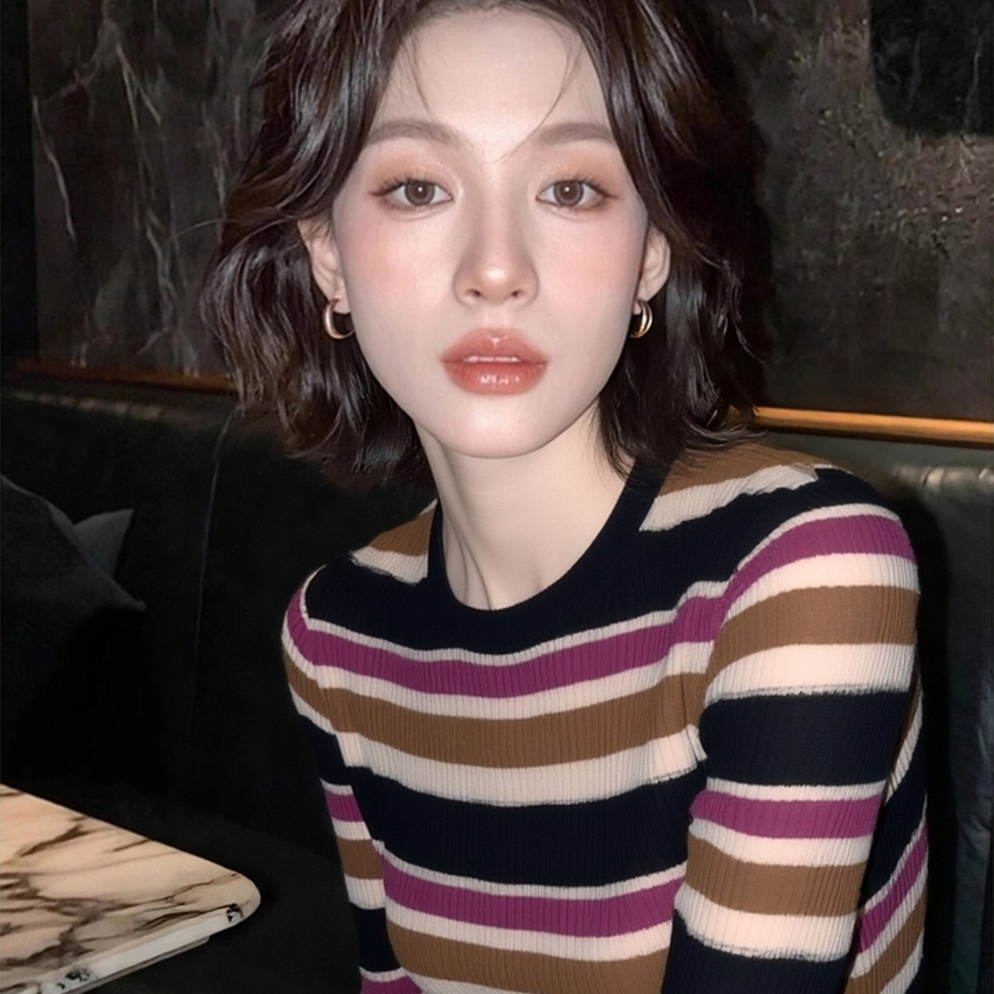 冬季高级感小众不撞款上衣软糯慵懒风独特别致条纹针织打底衫女装