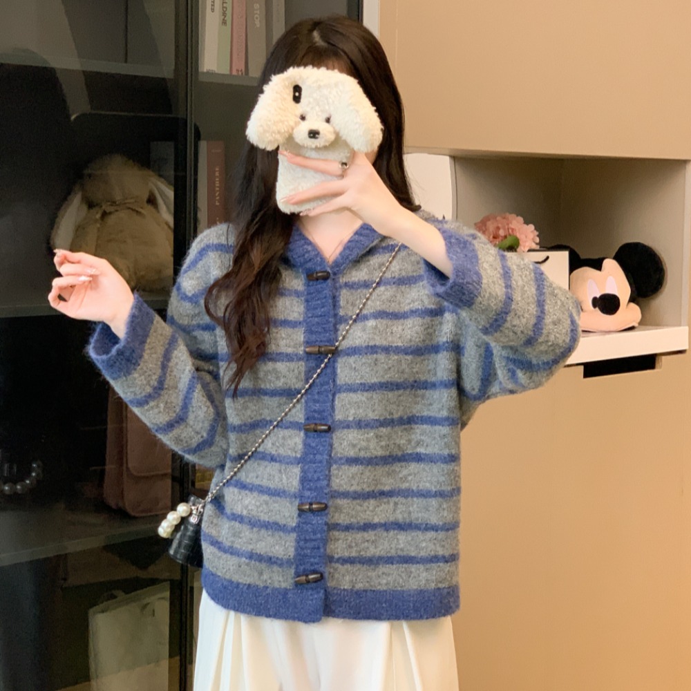 实拍 学院风时尚百搭连帽条纹撞色款式针织衫开衫外套女毛衣上衣