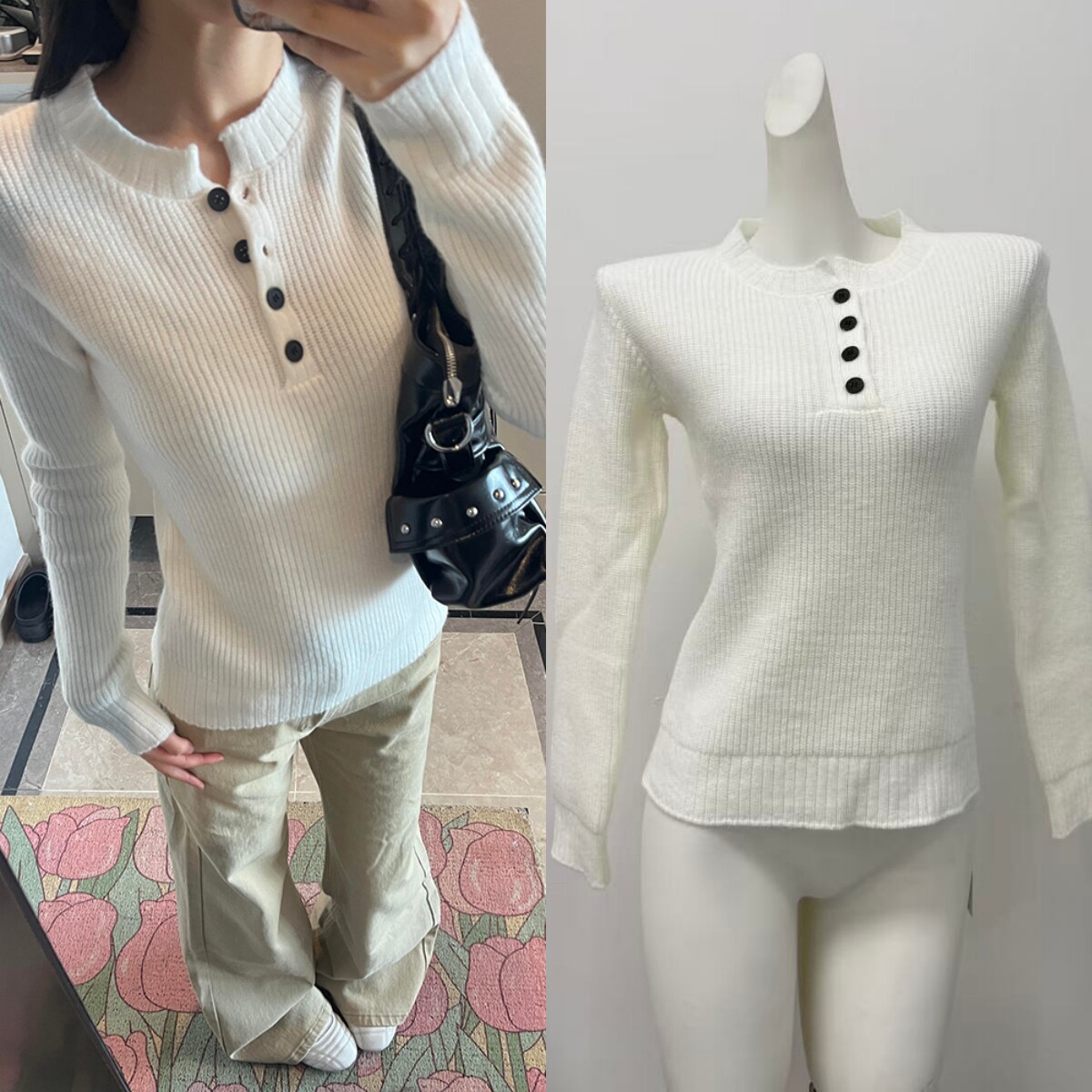 HEYABC 美式辣妹亨利领长袖针织衫女2025百搭休闲显瘦毛衣打底衫