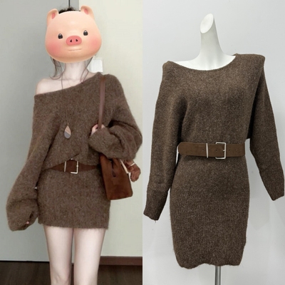 solo爆爆顶楼辣妹韩系氛围感复古针织连衣裙女宽松气质腰带上衣