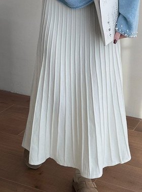 2025韩系白色针织百褶半身裙女秋季新款松紧腰a字半裙垂感鱼尾裙