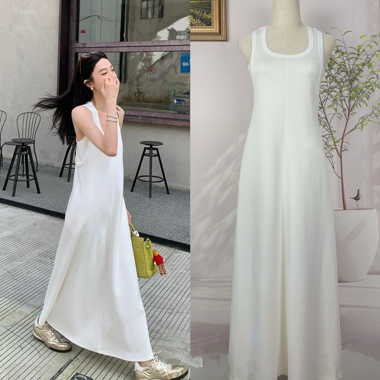 区区欧阳 大U领无袖背心连衣裙女夏季收腰显瘦裙子大裙摆A字长裙