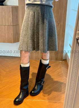 羊毛兔毛针织百褶裙冬季松紧腰灰色绒感半身裙