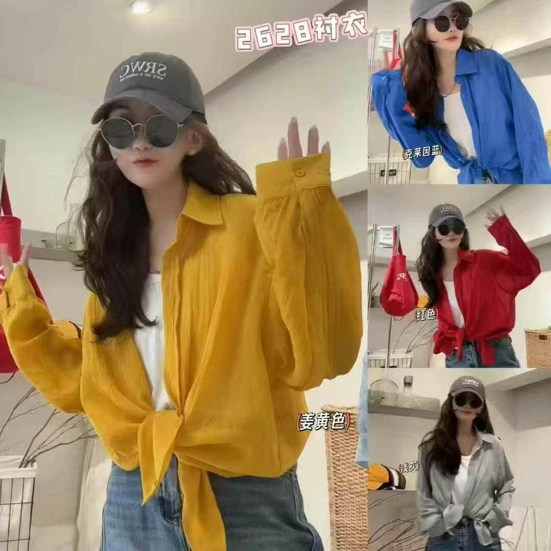 韩版夏季糖果色休闲宽松百搭防晒衣女时尚灯笼袖上衣衬衣外套女
