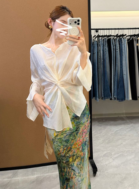 新中式清冷禅意感穿搭一整套女夏季衬衫复古油画半身长裙两件套装