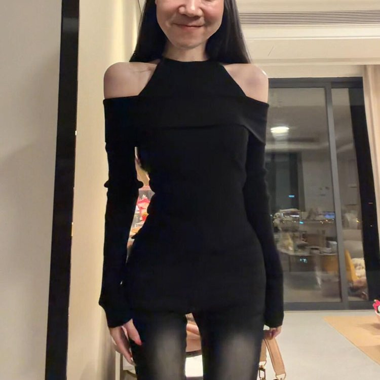 韩国labelleblanc法式假两件一字肩针织衫毛衣女秋季修身露肩上衣