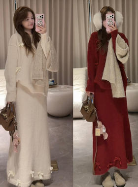 法式红色毛衣针织连衣裙女秋冬2025新款巨好看穿搭一整套长裙套装