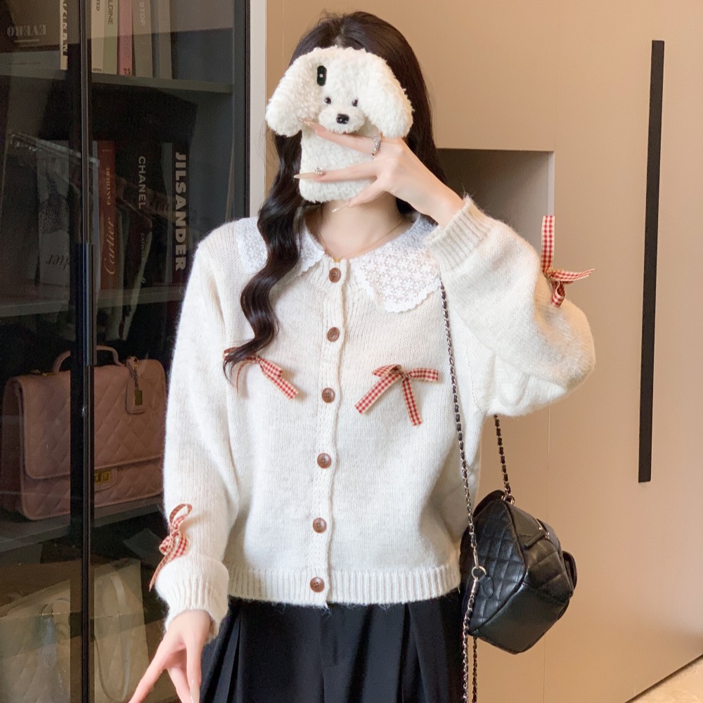 实拍秋季新款小个子短款针织外套蕾丝花边长袖上衣毛衣开衫女